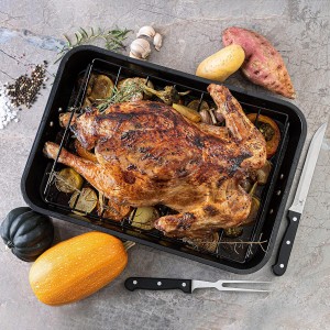 Moss & Stone Carbon Steel Roaster Pan With “V” Shape Removable Roasting Rack Set, 16.5 Inch Rectangular Nonstick Roasting Pan, Turkey Roaster Pan Rack With Carving Fork & Chef Knife