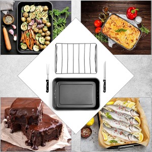 Moss & Stone Carbon Steel Roaster Pan With “V” Shape Removable Roasting Rack Set, 16.5 Inch Rectangular Nonstick Roasting Pan, Turkey Roaster Pan Rack With Carving Fork & Chef Knife