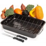 Moss & Stone Carbon Steel Roaster Pan With “V” Shape Removable Roasting Rack Set, 16.5 Inch Rectangular Nonstick Roasting Pan, Turkey Roaster Pan Rack With Carving Fork & Chef Knife