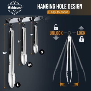 Tongs For Cooking - Heat Resistant 600 Degrees Stainless Steel Kitchen Tong,Heavy Duty Metal Locking Tongs - Perfect for Food,Salad and BBQ set of 3 (7