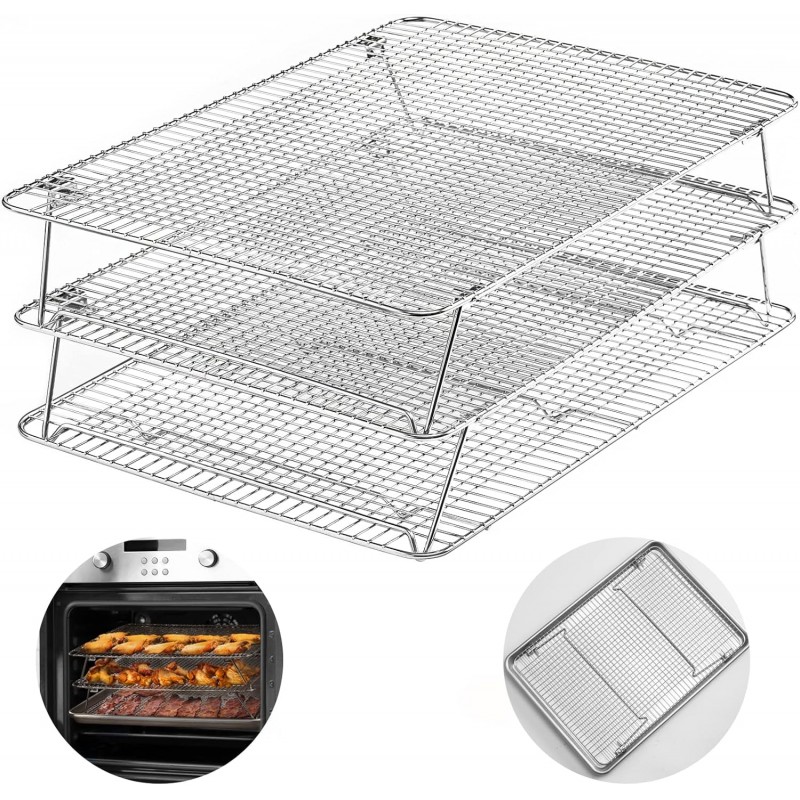 HIWARE Oven-Salf Collapsible Cooling Rack for Baking, 3 Tier 12”x 16.5”, Stainless Steel and Fit Half Sheet, Stackable Wire Cooling Racks for Cookie, Pizza, Cake