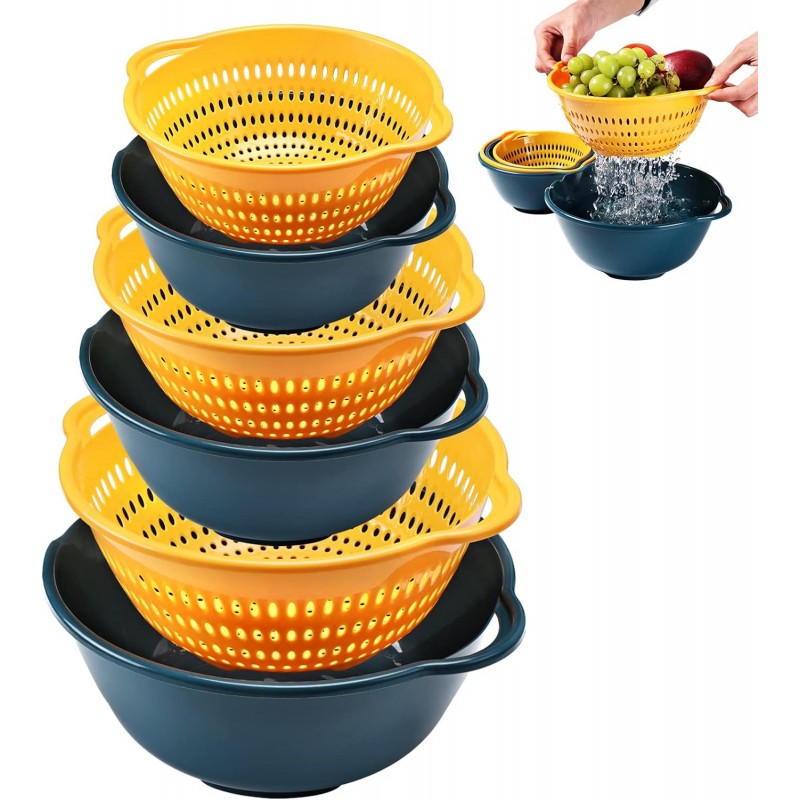 6 Pieces Colander with bowl, Food Strainer for Pasta Veggies and Fruits, BPA Free, Dishwasher Safe (blue)