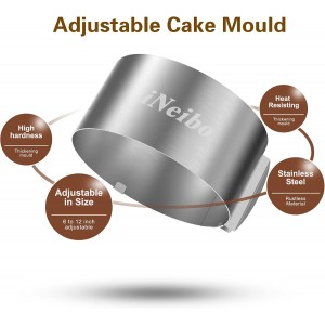 iNeibo Cake Ring and Cake Collar Set, 6 to 12 Inch Adjustable Cake Mousse Mould Set with 6inch Clear Cake Roll, Stainless Steel Pastry Ring, Mousse Ring, Ring Mold for Baking