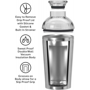 OGGI Groove Insulated Cocktail Shaker-17oz Double Wall Vacuum Insulated Stainless Steel, Tritan Lid has Built In Strainer, Ideal Cocktail Mixer, Martini Shaker, Margarita Shaker, Stainless