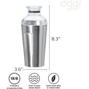 OGGI Groove Insulated Cocktail Shaker-17oz Double Wall Vacuum Insulated Stainless Steel, Tritan Lid has Built In Strainer, Ideal Cocktail Mixer, Martini Shaker, Margarita Shaker, Stainless
