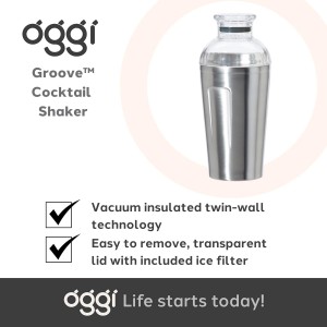 OGGI Groove Insulated Cocktail Shaker-17oz Double Wall Vacuum Insulated Stainless Steel, Tritan Lid has Built In Strainer, Ideal Cocktail Mixer, Martini Shaker, Margarita Shaker, Stainless