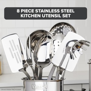 Viking Kitchen Utensils Set, 8 Piece Stainless Steel Cooking Utensil Set, Includes Spatulas, Spoons, Pasta Fork, Deep Ladle, Meat Fork, and Skimmer, Silver