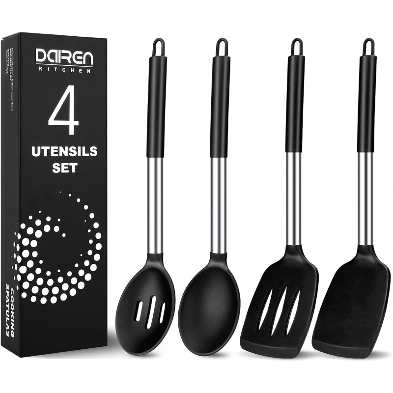 Pack of 4 Large Silicone Cooking Spatulas and Spoons, Slotted and Solid Stainless Steel Cooking Utensils Set, Non-stick Heat Resistant Kitchen for Baking, Fried, Stir-Fry, Mixing, Serving (Black)