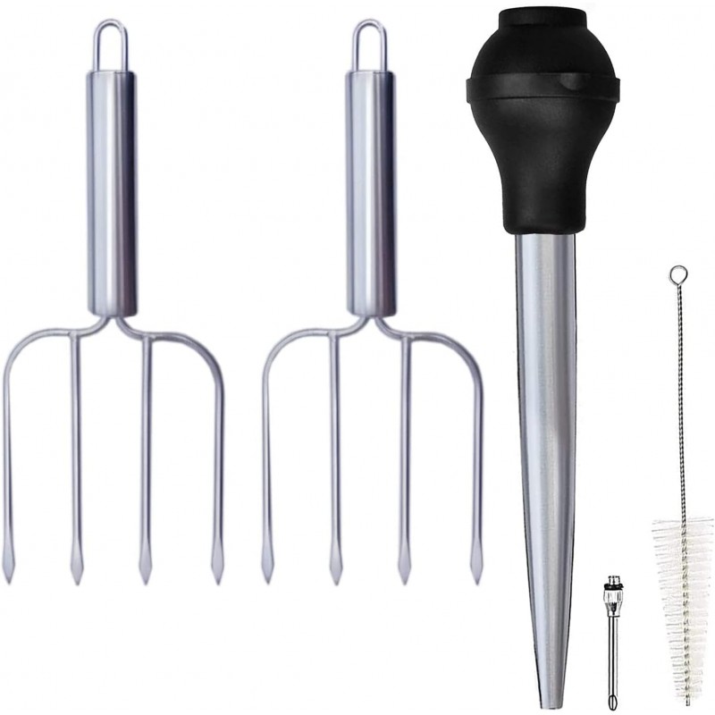 Turkey Baster and Poultry Lifters fork Set of 2. Food grade stainless steel and BPA-Free Silicone. Dishwasher-Safe