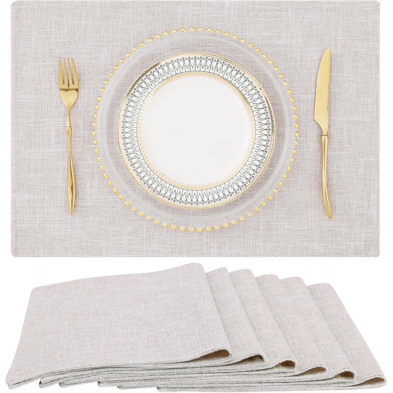 homing Cotton Linen Placemats Set of 6, Cloth Washable Farmhouse Dining Table Mats for Indoor, Outdoor, Easter, Easy to Clean, Neutral Beige, 13 x 19 Inch