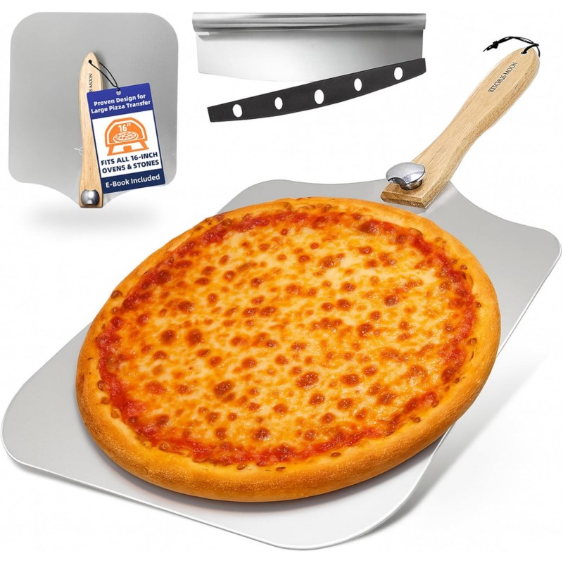 Large Pizza Peel 16 inch - Extra Large Metal Pizza Peel with 14 inch Stainless Steel Pizza Cutter Rocker, Pizza Paddle with Folding Handle (13
