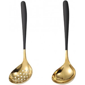 Black Gold Soup Ladle Colander Slotted Spoon Set Skimmer Strainer Gravy Sauce Server Stainless Steel