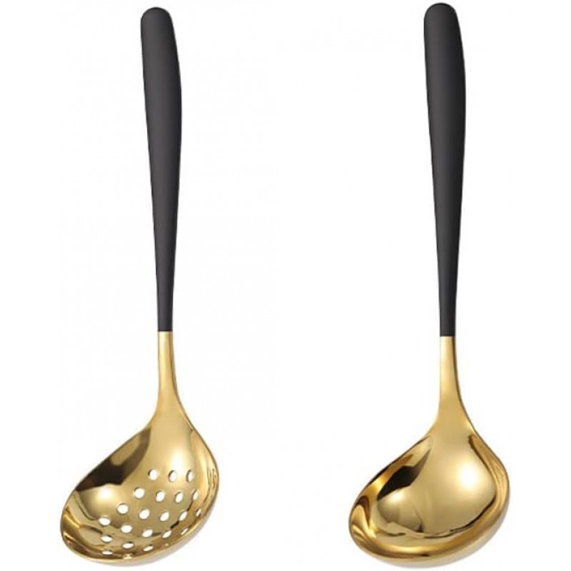 Black Gold Soup Ladle Colander Slotted Spoon Set Skimmer Strainer Gravy Sauce Server Stainless Steel