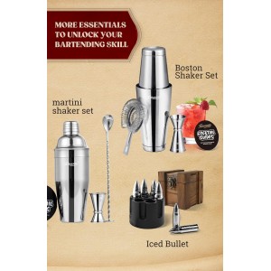 KITESSENSU Boston Cocktail Shaker Set, 4-Piece Boston Shaker Tins Bartender Kit with 18oz & 28oz Mixed Drink Shaker, Hawthorne Strainer, Double Measuring Jigger, Cocktail Recipe Cards Included