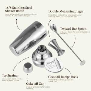 Cocktail Shaker, KITESSENSU 24oz Drink Shaker with Bartender Strainer, Measuring Jigger, Bar Mixing Spoon, Cocktail Recipe Guide, Professional Drink Mixer Set for Beginners, Silver