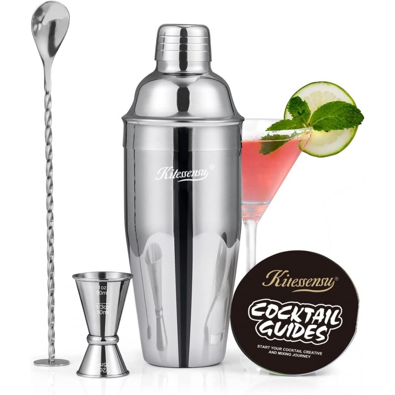 Cocktail Shaker, KITESSENSU 24oz Drink Shaker with Bartender Strainer, Measuring Jigger, Bar Mixing Spoon, Cocktail Recipe Guide, Professional Drink Mixer Set for Beginners, Silver