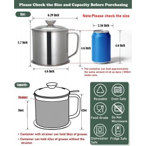 Tellshun Bacon Grease Container with Strainer 1.25 L / 42 oz Strong Kitchen Catcher Food-grade Stainless Steel Cooking Oil Keeper with Lid and Easy-Grip Handle Suitable for Storing Frying Oil