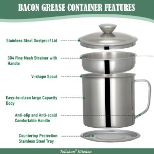 Tellshun Bacon Grease Container with Strainer 1.25 L / 42 oz Strong Kitchen Catcher Food-grade Stainless Steel Cooking Oil Keeper with Lid and Easy-Grip Handle Suitable for Storing Frying Oil