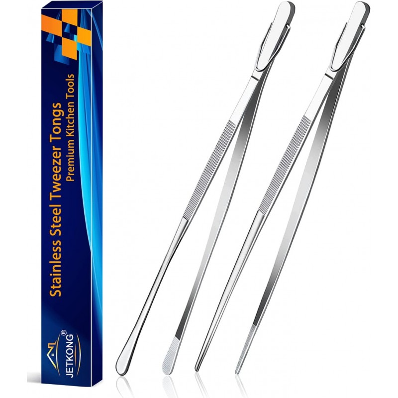 JETKONG 2 Pcs 12-Inch Kitchen Tweezers Fine Tweezer Tongs, Extra-Long Stainless Steel Cooking Tweezers (Silver)