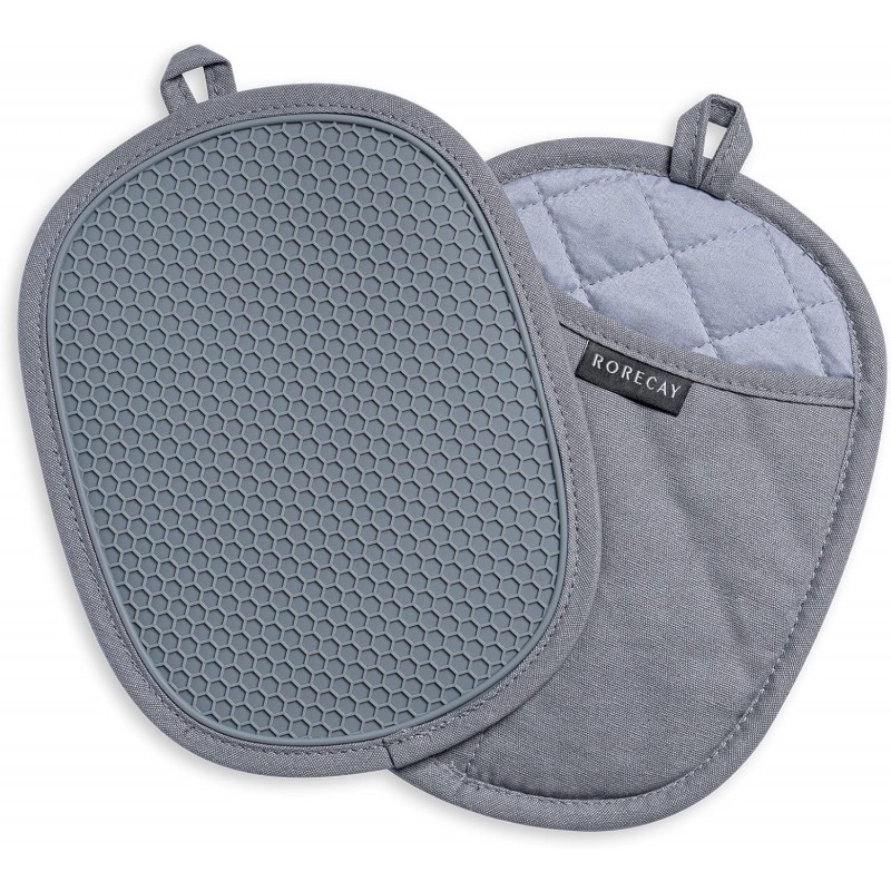 2-Pack Silicone Pot Holders for Kitchen Heat Resistant up to 500°F, Non-Slip Large Hot Pads with Pocket, Quilted Liner Trivets for Countertops Hot Pots and Pans (Gray)
