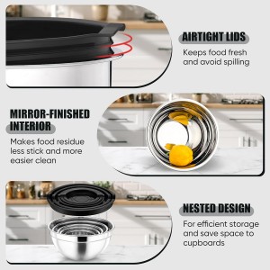 P&P CHEF Mixing Bowls with Airtight Lids Set of 5, 10-Piece Stainless Steel Mixing Nesting Bowl, Metal Bowl with Lid for Kitchen Prepping & Storing, Size 4.6, 3, 1.5, 1, 0.7 QT, Black