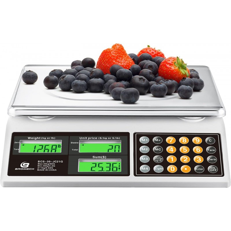 Price Computing Scale, 66lb Digital Commercial Food Meat Produce Weighing Scale with Green Backlight LCD for Farmers Market, Retail Outlets, Dry Battery Powered, Not for Trade
