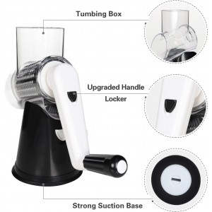 Cambom Rotary Cheese Grater Hand Crank Cheese Shredder for Fresh Cheese, Vegetable, Nuts,Non-slip Suction Base, Free Cleaning Brush Three Blades, Black