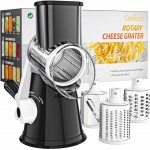 Cambom Rotary Cheese Grater Hand Crank Cheese Shredder for Fresh Cheese, Vegetable, Nuts,Non-slip Suction Base, Free Cleaning Brush Three Blades, Black