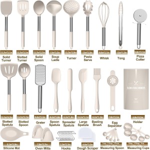 Umite Chef Silicone Kitchen Cooking Utensil Set, 43 pcs Spatula Set with Stainless Steel Handle, Non-stick Heat Resistant - Best Cookware Set-(Khaki)