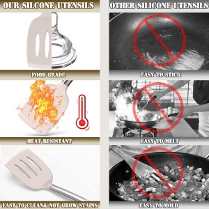 Umite Chef Silicone Kitchen Cooking Utensil Set, 43 pcs Spatula Set with Stainless Steel Handle, Non-stick Heat Resistant - Best Cookware Set-(Khaki)