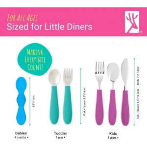 Elk and Friends Kids Silverware with Silicone Handle | Childrens Safe Flatware | Toddler Utensils | Baby Spoons + Forks | Stainless Steel Cutlery | Dishwasher Safe | 6 Pieces