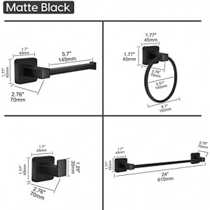 Bathroom Hardware Set 4 Pieces,Stainless Steel Matte Black Towel Bar Set, Includes 24In Towel Bar, Towel Ring, Robe Towel Hooks,Toilet Paper Holder, Bathroom Towel Rack Set