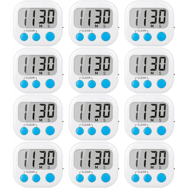 12 Pack Digital Kitchen Timers for Cooking Magnetic Timer for Cooking Loud Alarm White