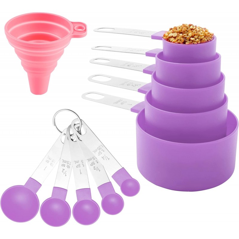Measuring Cups and Spoons Set of Huygens Kitchen Gadgets 10 Pieces, Stackable Stainless Steel Handle Measuring Cups for Measuring Dry and Liquid Ingredient (Mauve)
