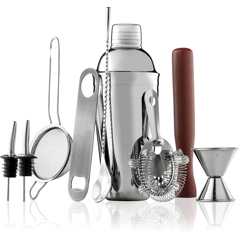 FineDine 10-Piece Cocktail Shaker Set with Travel Bag - Stainless Steel Shaker Set Bartender Kit - Mixology Bartender Kit - Strainer, Muddler, Jigger, Bar Spoon, Bottle Opener, Pour Spouts - Bar Set