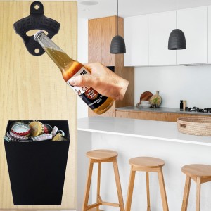 Satin Black Cast Iron Bottle Opener Wall Mounted with Bottle Cap Catcher Narrow