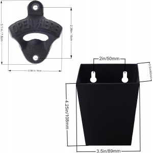 Satin Black Cast Iron Bottle Opener Wall Mounted with Bottle Cap Catcher Narrow