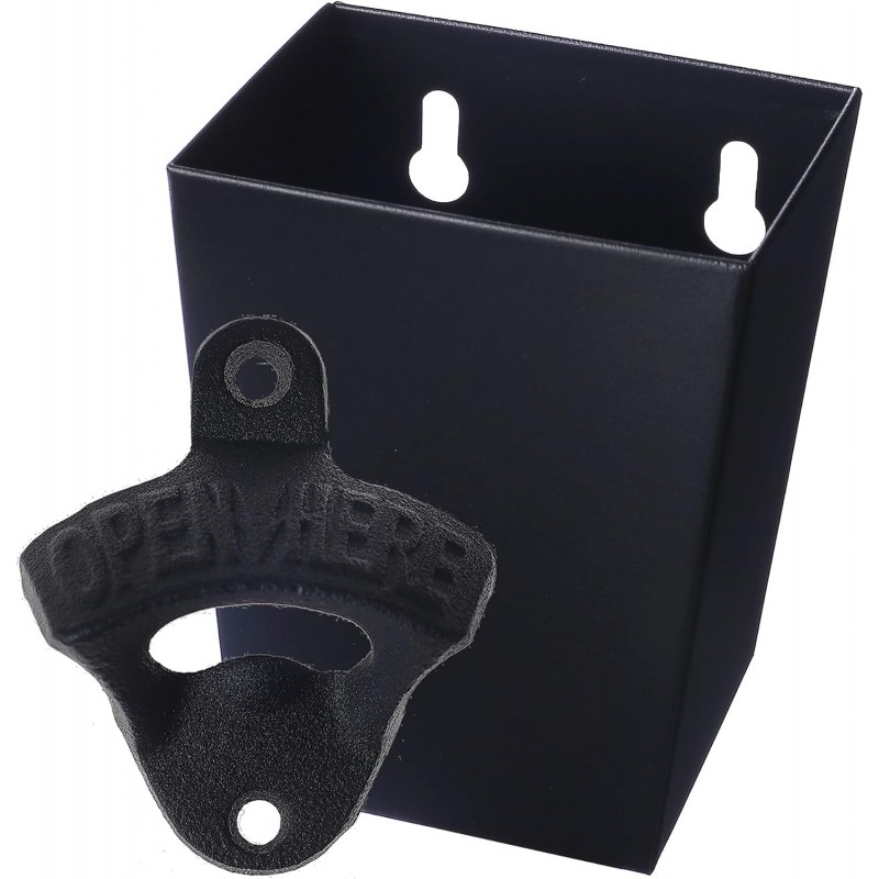 Satin Black Cast Iron Bottle Opener Wall Mounted with Bottle Cap Catcher Narrow