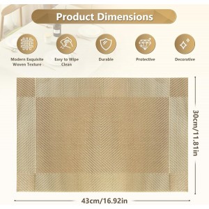 Heat-Resistant Placemats for Dining Table, Washable PVC Woven Vinyl Table Mats, Non-Slip Gold Placemats for Kitchen Decor, Table Protector Set of 6