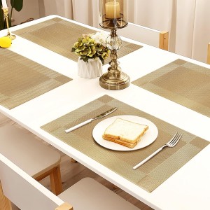 Heat-Resistant Placemats for Dining Table, Washable PVC Woven Vinyl Table Mats, Non-Slip Gold Placemats for Kitchen Decor, Table Protector Set of 6