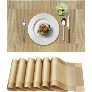 Heat-Resistant Placemats for Dining Table, Washable PVC Woven Vinyl Table Mats, Non-Slip Gold Placemats for Kitchen Decor, Table Protector Set of 6