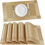 Heat-Resistant Placemats for Dining Table, Washable PVC Woven Vinyl Table Mats, Non-Slip Gold Placemats for Kitchen Decor, Table Protector Set of 6