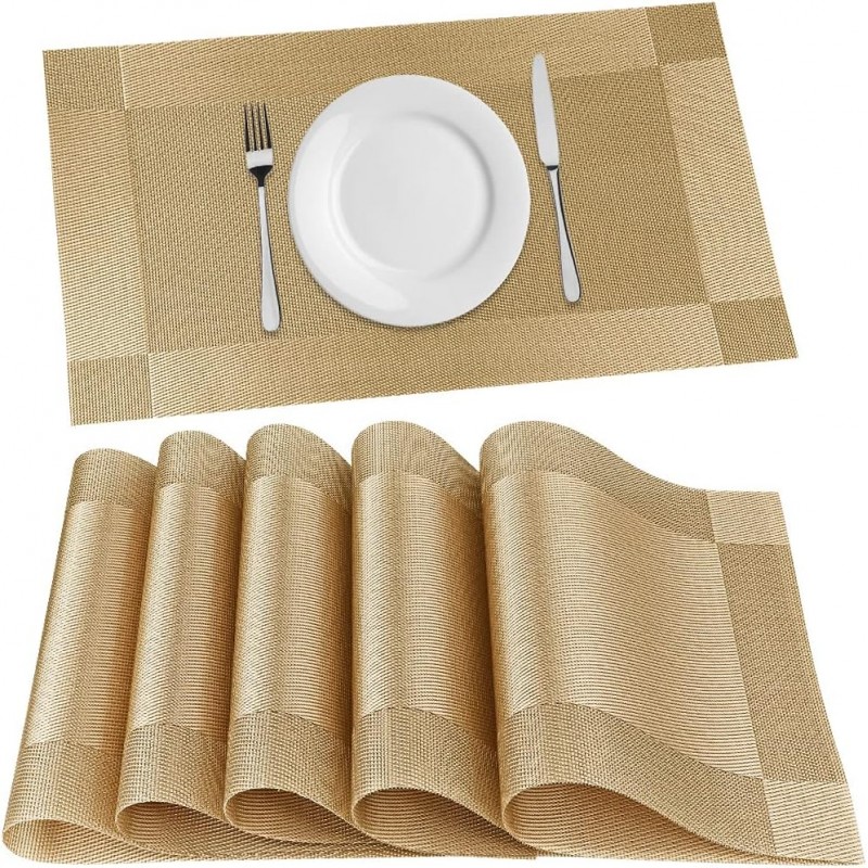 Heat-Resistant Placemats for Dining Table, Washable PVC Woven Vinyl Table Mats, Non-Slip Gold Placemats for Kitchen Decor, Table Protector Set of 6