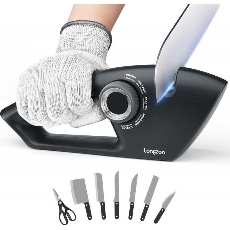 Longzon 6-in-1 Knife Sharpener 5 Stage for Serrated Knives, Scissors with Cut-Resistant Glove,Original Premium Polish Blades,Best Kitchen Knife Sharpener Repair & Restore Pocket Knife, Chefs knife