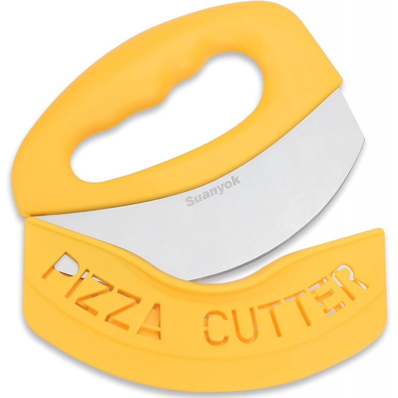 Premium Pizza Cutter Food Chopper-Super Sharp Blade Stainless Steel Pizza Cutter Rocker Slicer with Protective Sheath Multi Function Pizza Knife Kitchen Tools,Dishwasher Safe (Yellow)