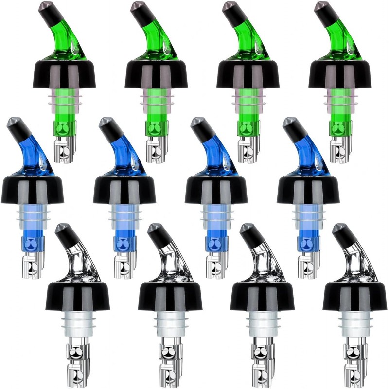 SuproBarware Liquor Bottle Pourers 1oz Set of 12 Measured Bottle Spirits Alcohol Pourers Automatic Measuring Wine Spouts Drink Liquor Measure Pourer for Cocktail Home Bar (4 Clear 4 Green 4 Blue)