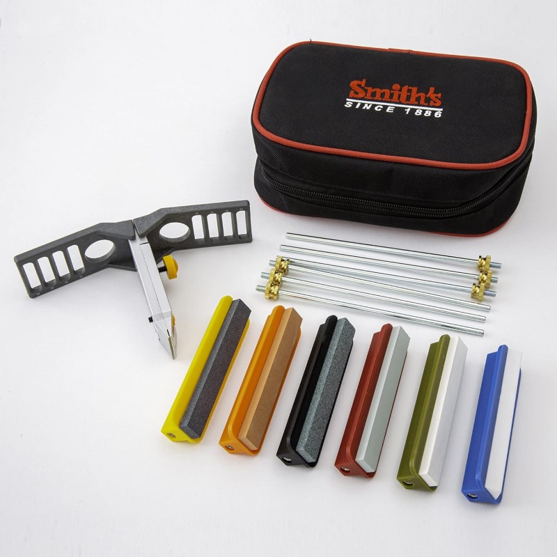 Smith’s 51321 Precision Sharpening Kit – 6 Sharpening Stones – Straight + Serrated Knives – Sharpen Hooks, Kitchen, Hunting, Fishing + Pocket Knives – Angle Guide – Portable Kit w/Storage Pouch