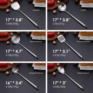 304 Stainless Steel Kitchen Utensils Set - 17” All Metal Cooking Tools, 6-Pcs Extra Long Handle Utensils with Spatula, Soup Ladle, Skimmer Spoon, Slotted Spatula Turner, Spaghetti Server, Solid Spoon