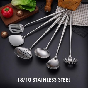 304 Stainless Steel Kitchen Utensils Set - 17” All Metal Cooking Tools, 6-Pcs Extra Long Handle Utensils with Spatula, Soup Ladle, Skimmer Spoon, Slotted Spatula Turner, Spaghetti Server, Solid Spoon