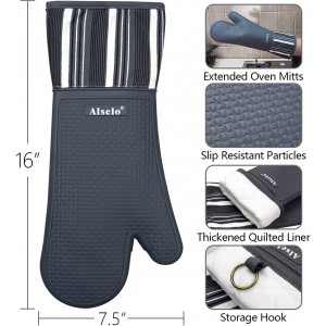 Silicone Oven Mitts Heat Resistant 550 Degree Extra Long Kitchen Gloves Pot Holders with Waterproof and Non-Silp for Baking Cooking Barbecue Microwave Machine Washable (Extra Long Grey, 2)